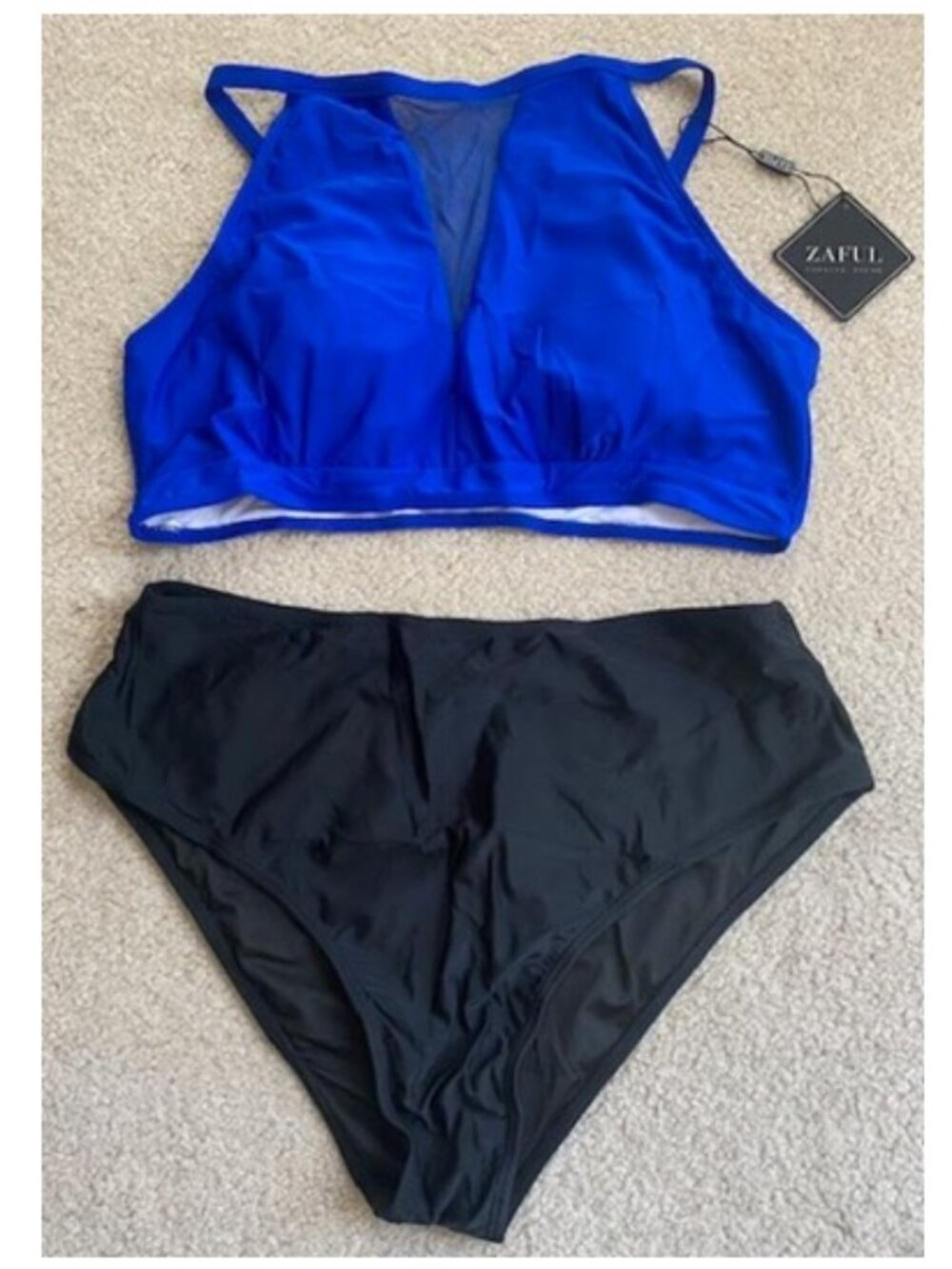 Zaful Womens XL Two Piece Royal Blue / Black Sporty Swimwear BRAND NEW
